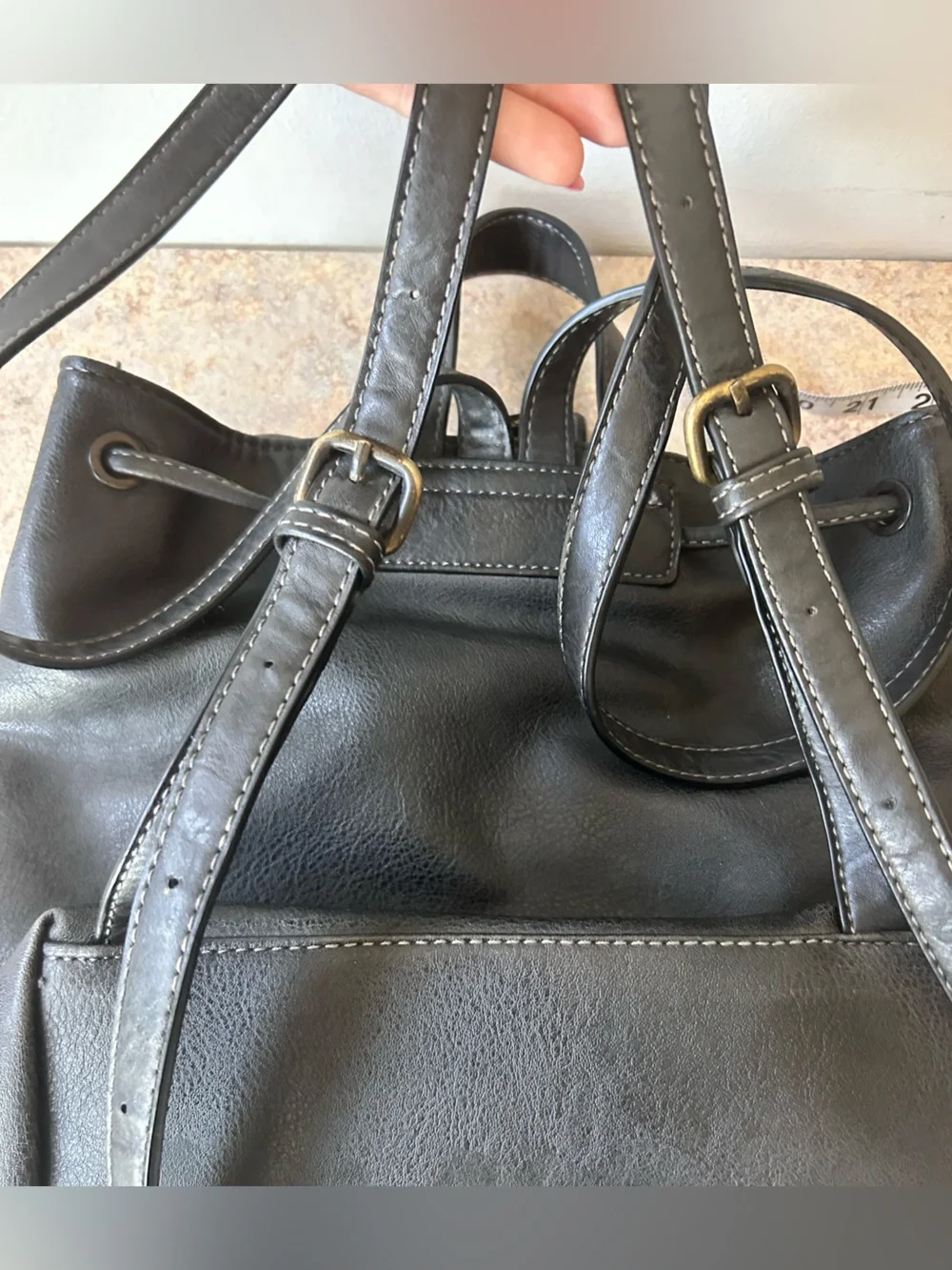 Moda Luxe Black Leather Woven Backpack With Drawstring and Tassles
